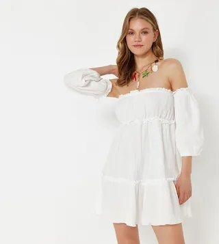 Off Shoulder Ruffle Muslin Beach Dress
