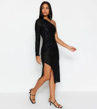 Sequined Single Sleeve Midi Party Dress