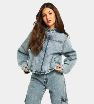 Light Acid Wash Moto Biker Denim Jacket