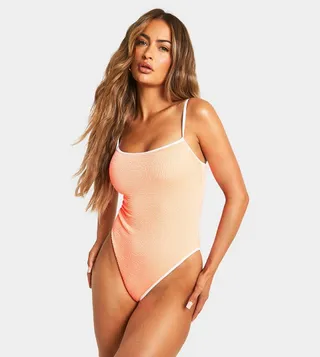 Contrast Binding Crinkle Strappy Swimsuit