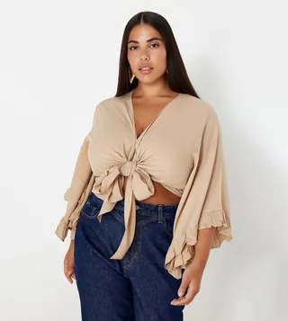 Plus Solid Tie-Up Crop Top