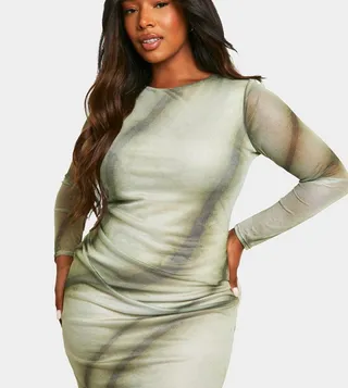 Patterned Mesh Ruched Bodycon Mini Dress