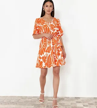 Printed Short Sleeves Belted Mini Dress
