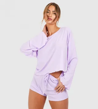 Long Sleeves Lettuce Hem Short Pajama Set