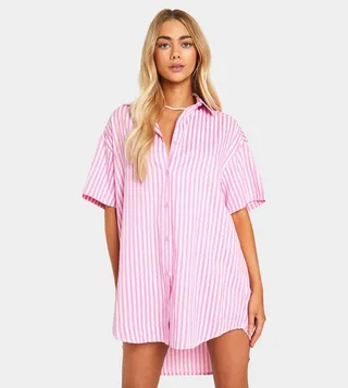 Striped Short Sleeves Shirt Dress