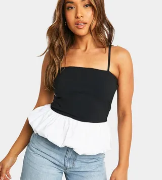 Petite Strappy Contrast Puffball Peplum Top