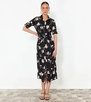 Printed Short Sleeves Midi Shirt Dress
