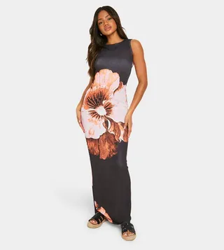 Floral Print Open Back Maxi Dress