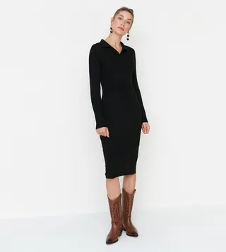 Ribbed Long Sleeves Midi Dress