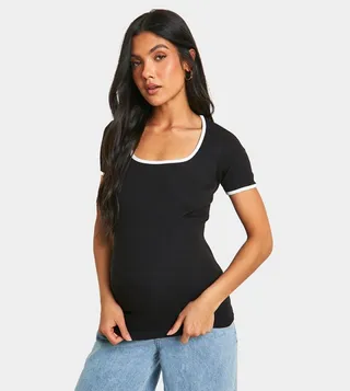 Ribbed Contrast Binding Square Neck Maternity T-Shirt