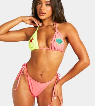 Applique Color Block Triangle Bikini Set