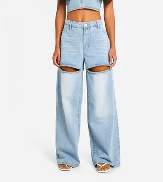 Diamante Trim Cut-Out Detail Wide Leg Jeans