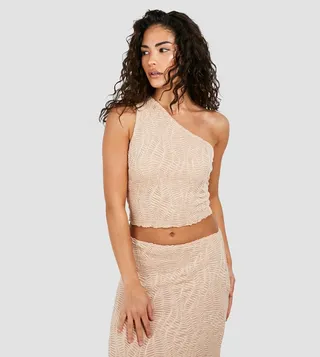 Petite Textured Sheer One Shoulder Crop Top