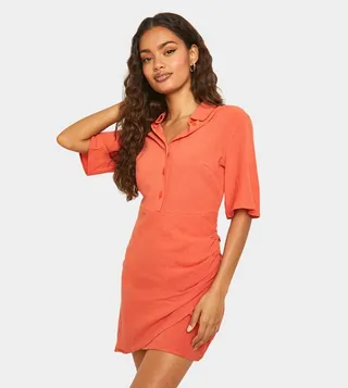 Linen Short Sleeves Wrap Shirt Dress