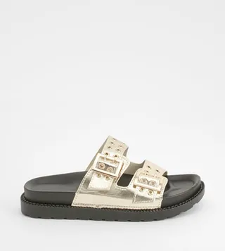 Metallic Stud Detail Footbed Buckle Slider Sandals