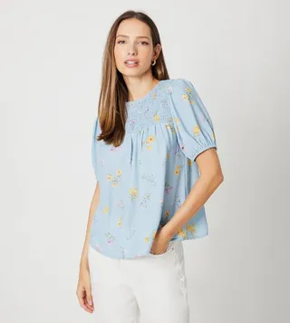 Blue Floral Shirred Puff Sleeves Top