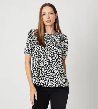 Mono Abstract Shirred Puff Sleeves Top