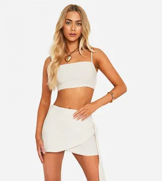 Elastic Waist Wrap Linen Mini Skirt