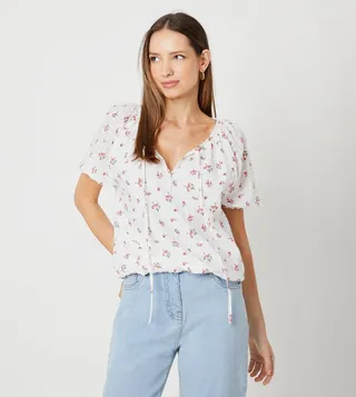 Floral Seersucker Shirred Hem Top