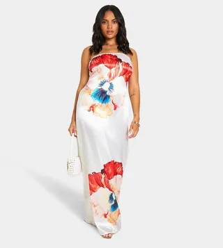 Floral Print Satin Bandeau Maxi Dress