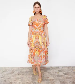 Printed Square Neck Slit Midi Dress