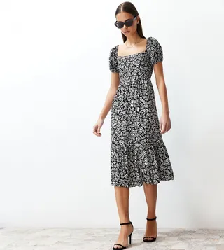 Floral Print Short Sleeves Midi Dress