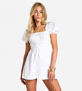 Poplin Puff Sleeves Shirred Playsuit
