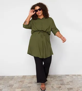 Plus Gathered Waist Sleeves Woven Shirt