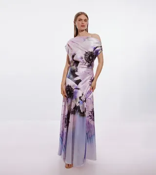 Ooto Floral Satin Woven One Shoulder Maxi Dress