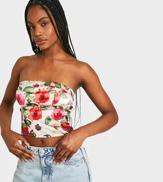Tall Satin Floral Bandeau Crop Top