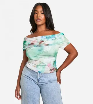 Mesh Large Floral Print Fold Over Casual Top