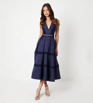 V-Neck Lace-Detail Twill Midi Dress