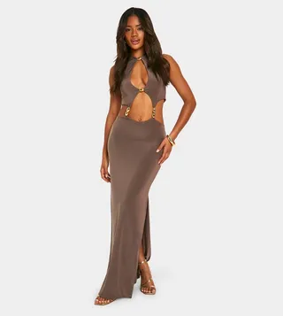 Halterneck Cut-Out Detail Beaded Maxi Dress