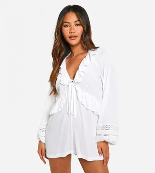 Cotton Broderie Detail Ruffle Playsuit