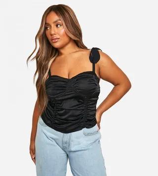 Tie Shoulder Ruched Strappy Corset Top