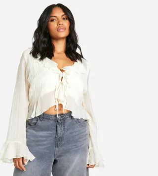 Linen Look Ruffle Tie Front Casual Top
