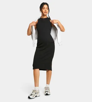 Ribbed Racer Neck Maternity Midi Dress