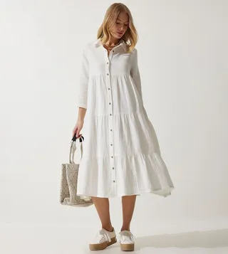 Tiered 3/4 Sleeves Midi Shirt Dress