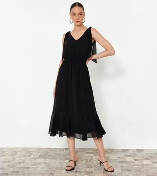 V-Neck Elastic Waist Midi Dress