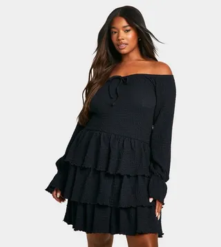 Textured Off Shoulder Milkmaid Ruffle Skater Mini Dress