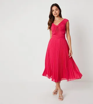 Pleated Twist Neck Midi Dress
