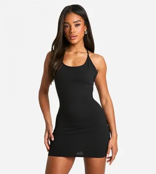 Solid Cotton Strappy Cross Back Mini Dress