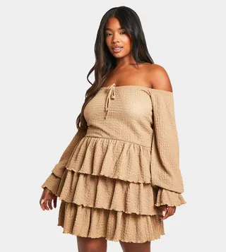 Textured Off Shoulder Milkmaid Ruffle Skater Mini Dress