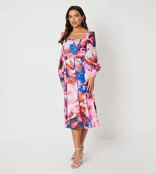 Twist Waist Printed Piped Panel Midi Dress