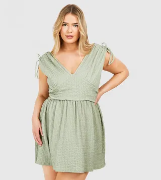 Textured V-Neck Tie Detail Smock Mini Dress