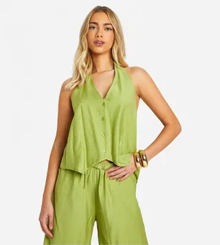 Linen Look Relaxed Fit Tie Back Waistcoat