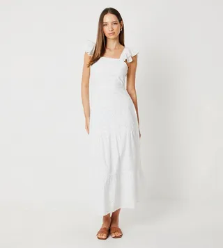 Tiered Hem Broderie Midaxi Dress