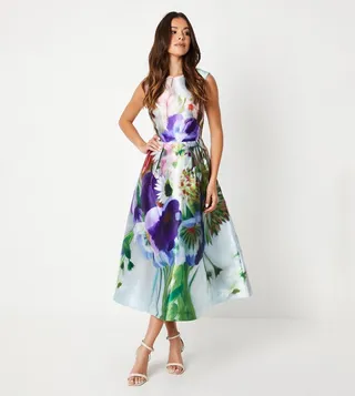 Placement Floral Print Twill Midi Dress