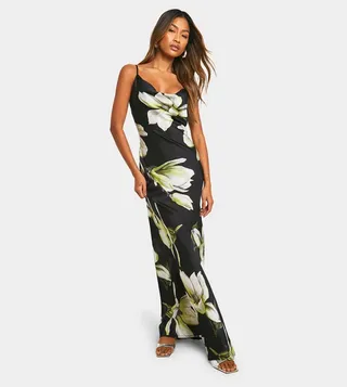 Bright Floral Print Strappy Cowl Neck Maxi Dress