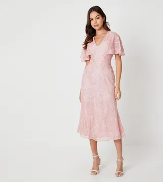Piped Cape Detail Embroidered Mesh Midi Dress